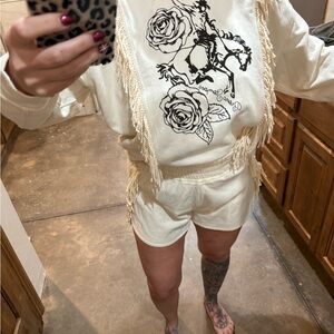 Rodeo Quincy Cream Fringe Sweatshirt & Shorts Set with Floral Rodeo Graphic